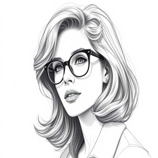 Beautiful Sigourney Weaver, pencil sketch, portrait of beautiful woman 60s in glasses, hair style beatnik, outline, clear lines, fine lines, 8k
