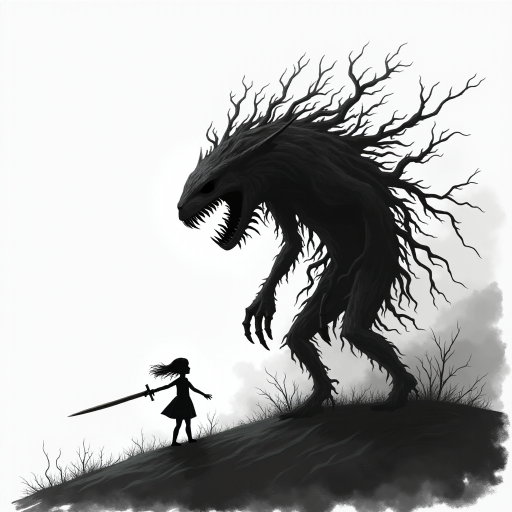 Fight your fears illustration of black and white minimalist of a little girl standing on a hill, raising a sword in hand, she is facing a large menacing creature with large head, sharp teeth and sharp claws, its body is made of vines and roots. The background is a cloudy sky with a hint of smoke or fog. The overall mood of the image is dark and eerie.