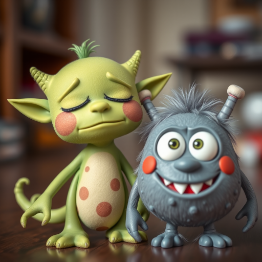 Create an image of two cute, cartoonish monsters with distinct features: one green with closed eyes and pointy ears, and one gray with wide eyes and a toothy grin, using a DSLR camera with a 50mm lens, f/2.8 aperture, in a soft-focus style to enhance details and colors, capturing the scene in a well-lit environment.