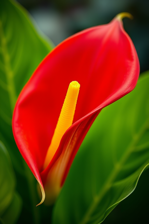 a vibrant red calla lily with a yellow spadix surrounded by lush green leaves captured in soft focus, using a Canon EOS 5D Mark IV with a 50mm f/1.8 lens at f/2.8, ISO 100, 1/200s, natural light, shallow depth of field