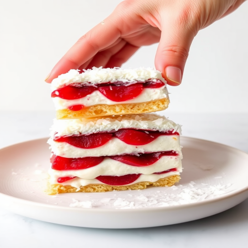 A layered dessert with bright red fruit filling between creamy white layers garnished with shredded coconut served on a plate with a hand lifting a piece showcasing the textures and colors against a light background