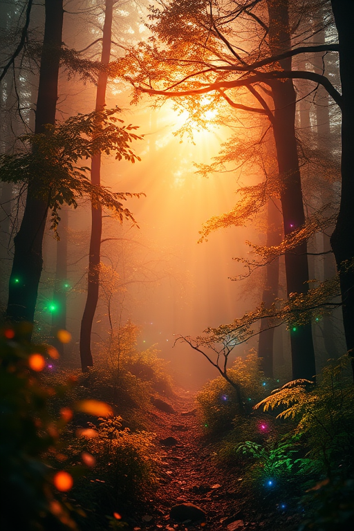 Regenerate the image of an enchanted forest filled with colorful lights and misty atmosphere, capturing vibrant foliage and magical elements, using a DSLR camera, 50mm lens, f/1.8 aperture, ISO 200, with a soft-focus effect and golden hour lighting.