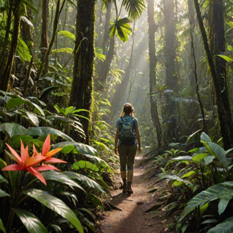 Dense tropical rainforest with sunlight filtering through thick canopy leaves, a woman dressed in hiking gear stops to admire the vibrant flowers growing along the path.