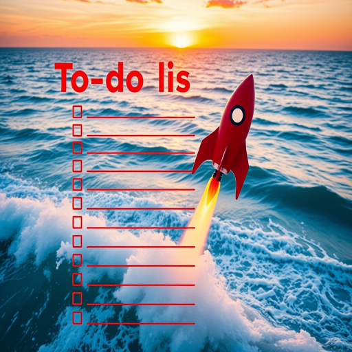 Create a colorful to-do list template featuring a red rocket launching above ocean waves with a sunset in the background, ensure the design is vibrant and engaging, use a Canon EOS R5, aperture f/2.8, ISO 100, focal length 50mm, shot from a bird's eye view to enhance image quality.