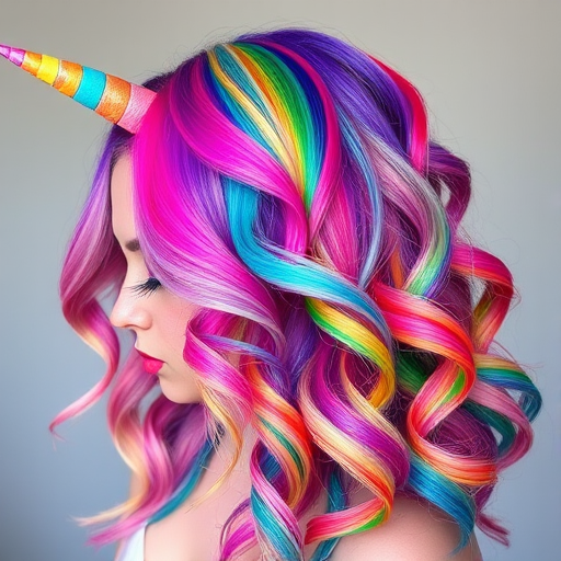 Daring rainbow unicorn hair featuring vibrant streaks of every color, styled in voluminous curls with a deep side part, embodying magical whimsy