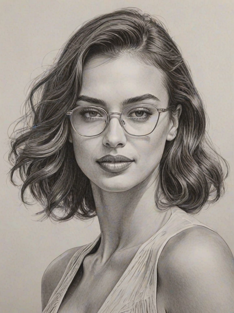 Sublime Irina Shayk, pencil sketch, portrait of Pleasing woman 1933s in glasses, hair style beatnik, outline, clear lines, fine lines, 8k