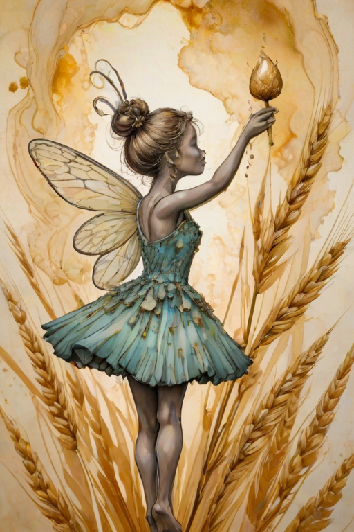 Soft, muted Alcohol Ink with ebru effect background image of tiny whimsical gazalle, who climbed high on the top of a golden rye ear.