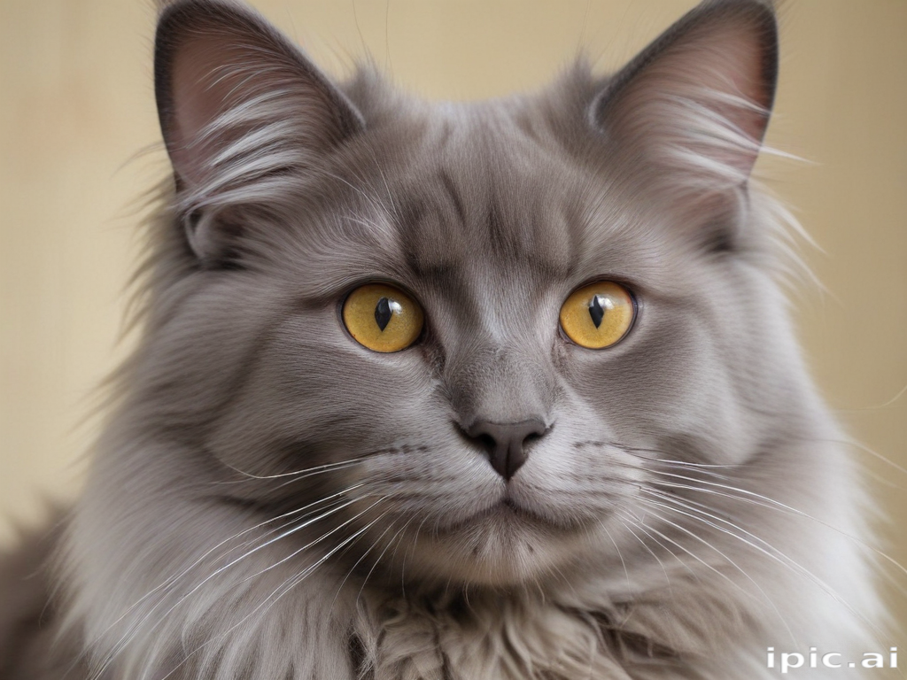A Majestic Grey Cat with Striking Yellow Eyes Poses for the Camera.