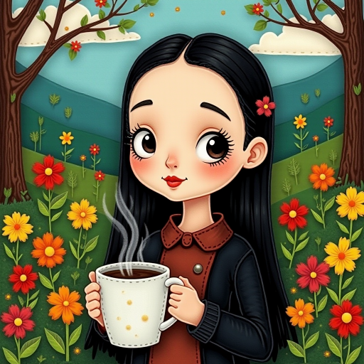 Wednesday Addams holding a steaming coffee mug, depicted in colorful felt textures. The artwork has a serene and tranquil atmosphere, emphasizing the beauty of nature, and evokes a nostalgic and whimsical feeling suitable for children's picture books, greeting cards, and home decor.