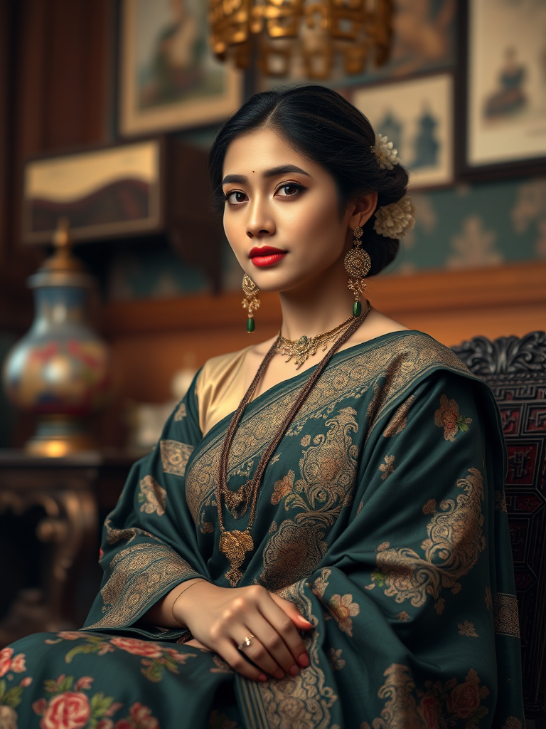A beautiful Bangladeshi woman in traditional East Asian attire, intricately detailed with embroidered patterns, sitting gracefully in a richly decorated room, soft ambient lighting, serene and elegant, ultra-realistic, 8K resolution