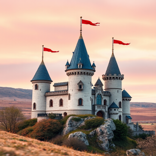 A whimsical castle with three towers, flags fluttering, set against a pastel-colored landscape, captured with a DSLR camera at f/8, ISO 200, 1/250 sec, wide-angle view for enhanced depth, vibrant colors, and a soft-focus background.