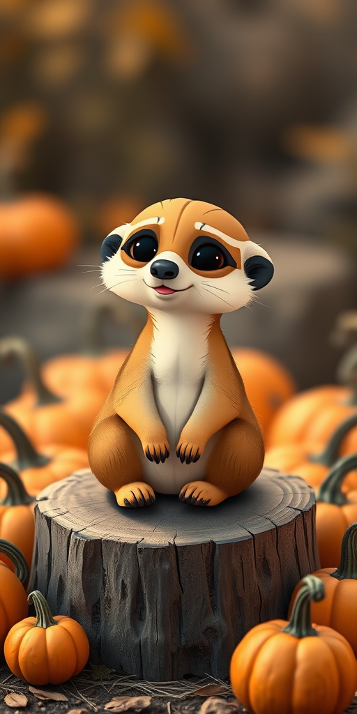 A cute cartoon meerkat sitting on a wooden stump surrounded by pumpkins, soft warm lighting, 50mm lens, f/1.8 aperture, ISO 100, shallow depth of field, DSLR camera.
