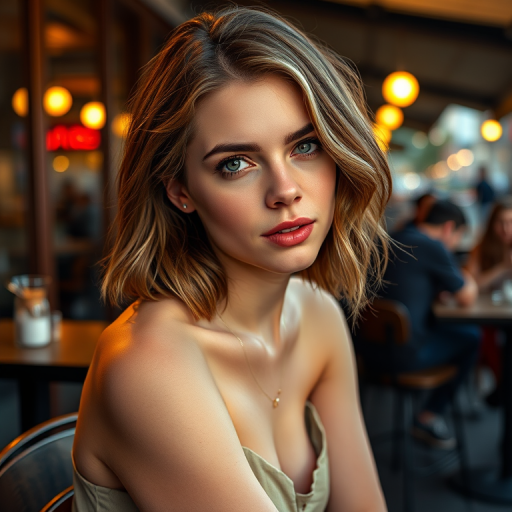 photo of young woman, [Ana de Armas:Emma Watson:0.5], highlight hair, sitting outside restaurant, wearing dress, rim lighting, studio lighting, looking at the camera, dslr, ultra quality, sharp focus, tack sharp, dof, film grain, Fujifilm XT3, crystal clear, 8K UHD, highly detailed glossy eyes, high detailed skin, skin pores