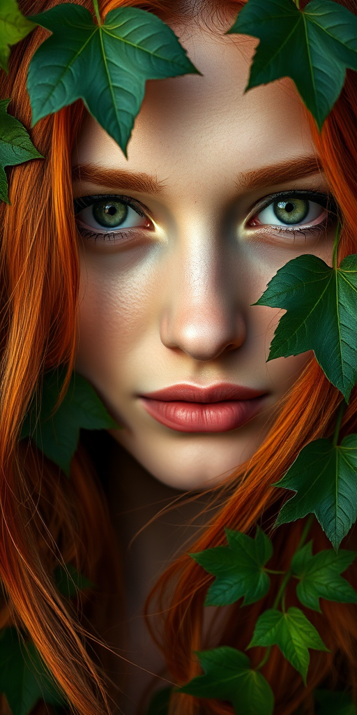 Close-up portrait of a woman with long red hair and green eyes, adorned with ivy leaves, shot with a Canon EOS R5, 50mm lens at f/1.2, ISO 100, using natural light for enhanced detail and color richness.
