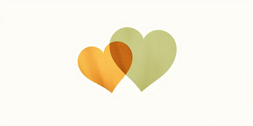 create an abstract graphic design featuring three overlapping hearts in warm gold and muted green tones on a light background, captured with a Canon EOS 5D Mark IV, 50mm f/1.8 lens, f/4 aperture, ISO 100, soft natural lighting, and a slight vignette effect for depth.