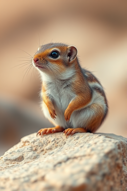 Generate a high-resolution illustration of a small rodent-like creature sitting on a rock, using a DSLR camera with a 50mm lens, aperture f/2.8, ISO 200, natural lighting, and a shallow depth of field for enhanced detail and a soft background blur.