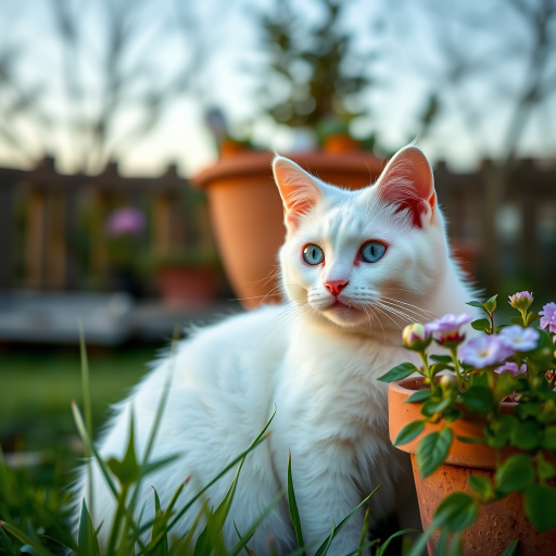 A close-up shot of a white cat with blue eyes sitting beside a flower pot in a garden during the golden hour, aperture f/2.8, shutter speed 1/200 sec, ISO 400, using a DSLR camera with a 50mm lens, shallow depth of field for a soft background focus.
