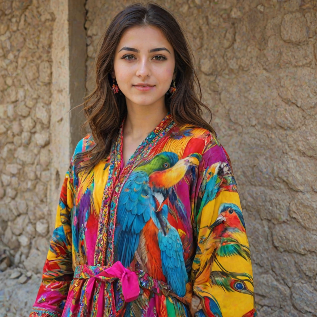 A beautiful Turkish girl, wearing colorful bird clothing with vibrant colors