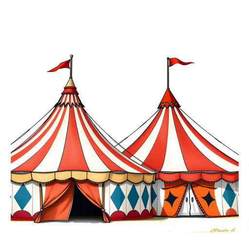 Create a detailed illustration of two circus tents side by side, one with a pointed roof and flags and the other with a rounded roof and scalloped edges, captured with a DSLR camera at f/8 aperture, ISO 100, and a 50mm lens for sharp details and vibrant colors, in a bright and sunny outdoor setting to enhance image quality.