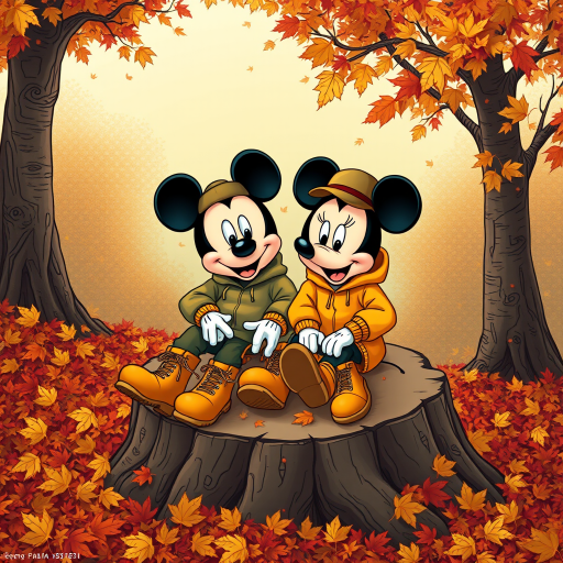 create a cartoon style of Mickey and Minnie wear Fall theme colored sweat suits with timberland boots and Bernie hats sitting together on a big tree stump surrounded by large color pile of raked leaves
