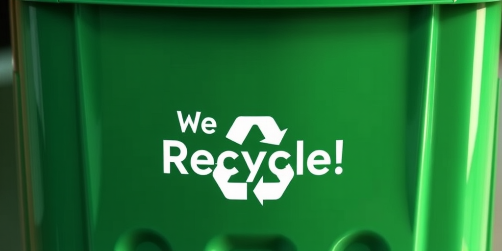 Create a detailed illustration of a green recycling bin with the text "We Recycle!" prominently displayed, using a DSLR camera, 50mm lens, f/2.8 aperture, ISO 100, and a focal length of 50mm, captured from a slightly elevated angle to emphasize depth and clarity.