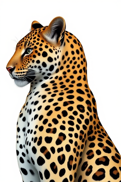 Create a high-resolution side view illustration of a leopard with a smooth, textured coat showing distinct spots, captured with a DSLR camera at an aperture of f/4, ISO 100, shutter speed 1/250s, using a portrait lens for enhanced detail and clarity.
