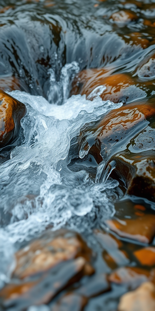 Capture a close-up shot of flowing water over rocks in a stream using a DSLR camera with a 50mm lens, aperture set to f/2.8 for a shallow depth of field, ISO 100 for minimal noise, and a shutter speed of 1/125s to freeze the motion of the water.