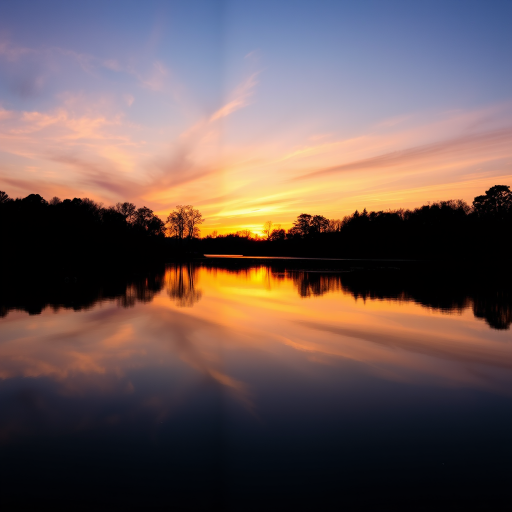 Capture a serene sunset over a calm lake, with silhouetted trees reflecting on the water's surface, using a DSLR camera at f/8 aperture, ISO 100, shutter speed 1/200 sec, a wide-angle lens at 24mm, and a golden hour filter for enhanced warmth and clarity.