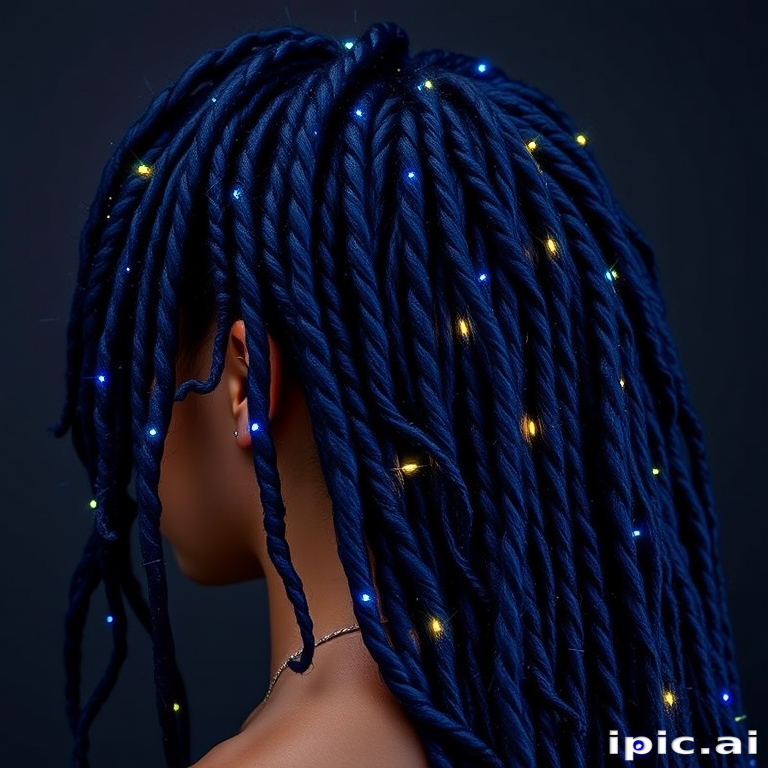 Dramatic midnight blue dreadlocks dubbed Starry Night adorned with shimmering silver thread and tiny twinkling LED lights woven throughout creating a captivating galaxy-inspired hairstyle