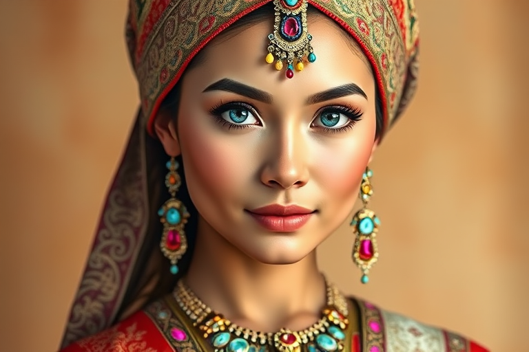 Create a portrait of a beautiful Thai woman with striking blue eyes and a gentle expression. She is adorned in traditional attire with intricate patterns, including a richly embroidered headscarf and matching garments. Her jewelry includes a delicate headpiece, dangling earrings, and ornate bracelets, all featuring vibrant gemstones and detailed metalwork. The background is soft and warm, enhancing the rich colors of her outfit and jewelry.