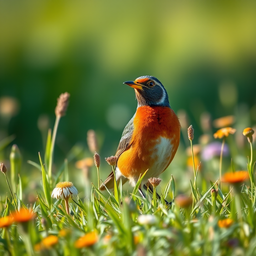 A colorful bird standing in a field of grass and flowers, captured with a Canon EOS 5D Mark IV, 70-200mm lens at f/4, ISO 200, shutter speed 1/500s, soft focus background, natural sunlight, eye-level view.