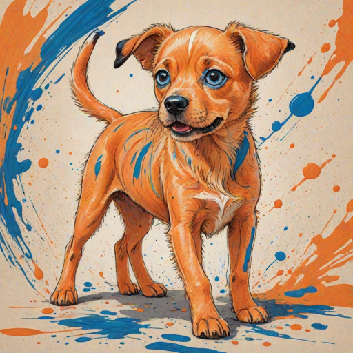 A vibrant childs coloured pencil drawn illustration of a bright orange dog with large, expressive blue eyes, a very cute style. The dog appears to be walking towards the viewer, surrounded by an abstract splash of colors and fine black lines, giving the image a dynamic and artistic flair. The background is a soft beige, highlighting the cat's vivid coloration and playful demeanor. Naively drawn scratchy line style.