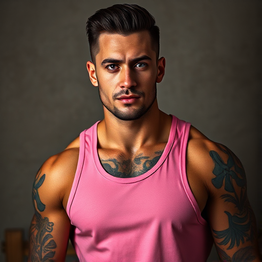 portrait of a muscular man with tattoos, wearing a pink tank top, strong expression, dramatic lighting, shot with a Canon EOS R5, 85mm f/1.2 lens, aperture f/1.8, ISO 100, shutter speed 1/200s, studio setting with textured background for enhanced contrast and detail