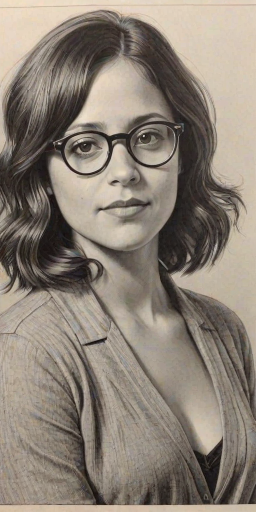 Splendid Kimberly McCullough, pencil sketch, portrait of Gorgeous woman 1921s in glasses, hair style beatnik, outline, clear lines, fine lines, 8k