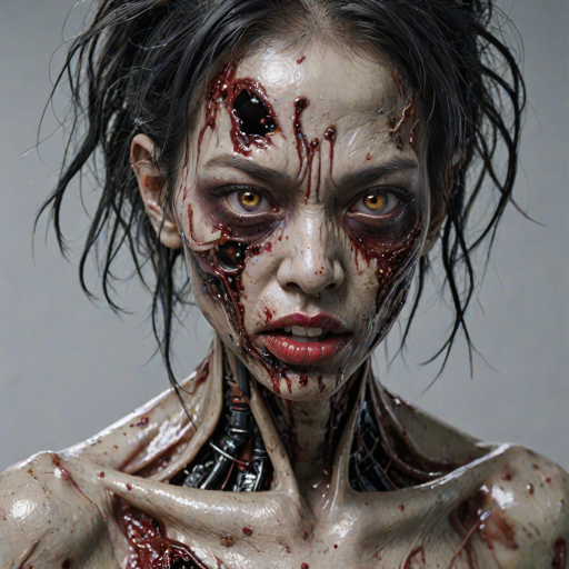 (perspective) of A creepy (ethnicity) zombie cyborg with (descriptive color) skin, (color) lipstick (color) liquid flowing from her eyes and mouth, (perspective two) portrait, (camera angle), extremely detailed, (art style) in the style of Yoshitaka Amano and Tetsuo Hara. --ar 85:128 --style raw --niji 6
