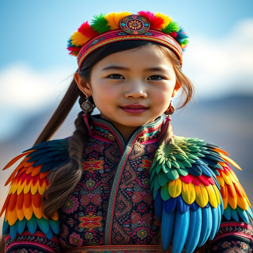 A beautiful Mongolian girl, wearing colorful bird clothing with vibrant colors