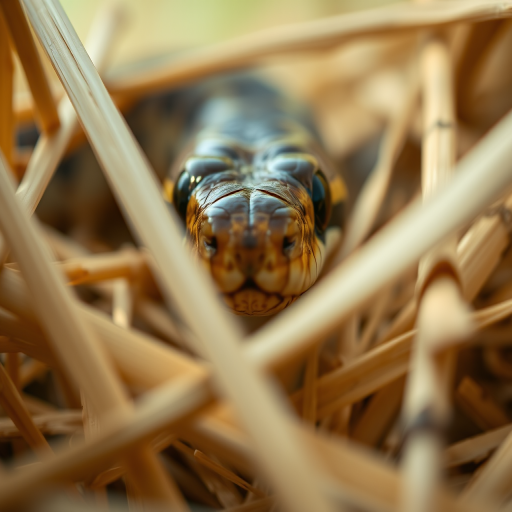 A close-up of a snake peering through straw with a shallow depth of field, shot with a DSLR camera at f/2.8, ISO 100, shutter speed 1/200 sec, in natural lighting, macro lens, low angle view.