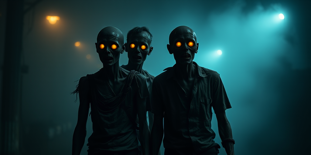 create a dark and atmospheric image of four humanoid zombies with glowing yellow eyes in tattered clothing standing close together in a dimly lit, eerie environment with a foggy background, use a Canon EOS R5 with a 50mm lens, aperture f/1.8, ISO 400, and a shallow depth of field to enhance the creepy ambiance and focus on their details.