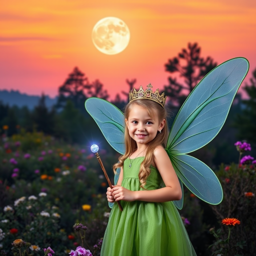 A vivid photo  taken under a bright camera flash of a fantastical scene set against a backdrop of a forest during sunset. The main subject is a girl dressed as a fairy, adorned with translucent wings and a green dress, holding a wand, her face is happy, and she wears a crown on her head. The forest behind her is a blend of flowers, shrubs and trees. The sky is painted in hues of orange and pink, with a large, glowing moon casting a warm glow over the scene. The overall color palette is dominated by earthy tones.