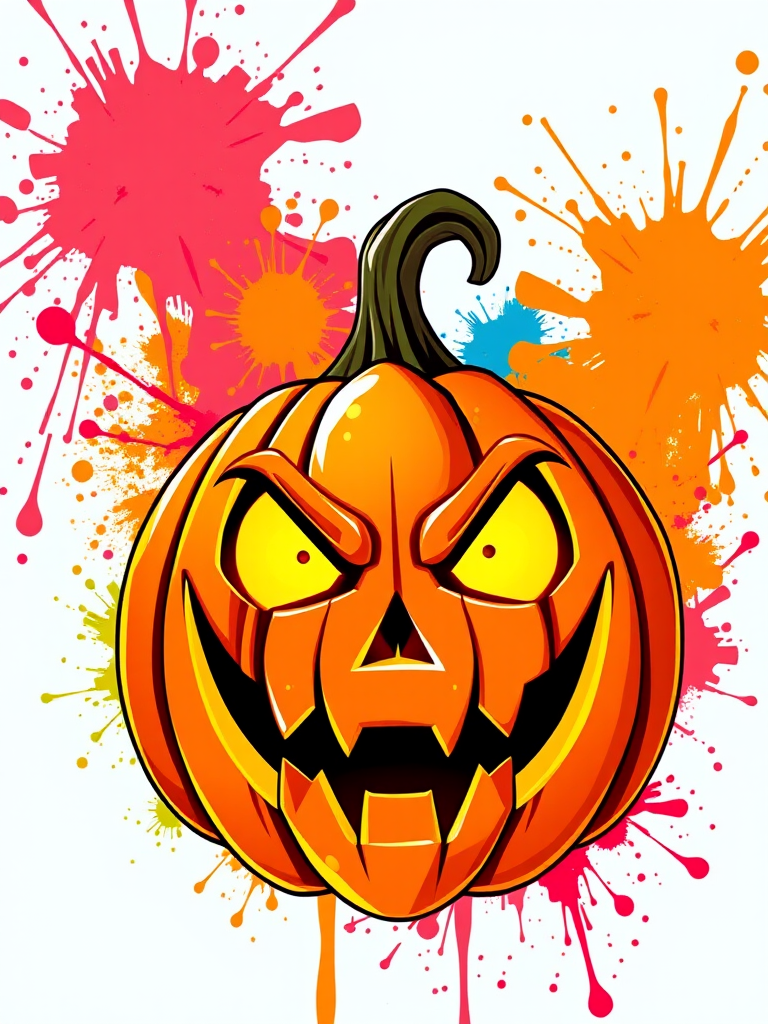 Create a high-resolution digital illustration of a stylized jack-o'-lantern with menacing features, surrounded by vibrant splashes of color, using a DSLR camera with a 50mm lens, f/2.8 aperture, ISO 100, and a shallow depth of field for enhanced focus and clarity, in a bright, well-lit environment.