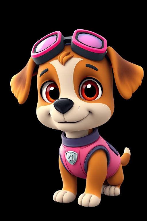 Generate a colorful cartoon image of a cute dog character with large expressive eyes, wearing a pink vest and goggles, set against a solid black background, captured in high-resolution with a DSLR camera at f/2.8 aperture, 50mm lens, and in HDR style for enhanced clarity and vibrancy.