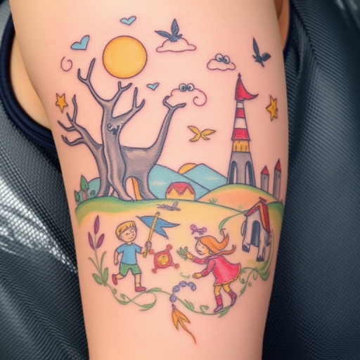 Whimsical illustrative tattoo titled "Storybook Dreams" depicting a fantastical scene straight from a children's book. Charming characters and magical creatures inhabit a colorful landscape filled with wonder and imagination. Soft, painterly techniques and a pastel color palette create a gentle, nostalgic atmosphere that captivates the eye.