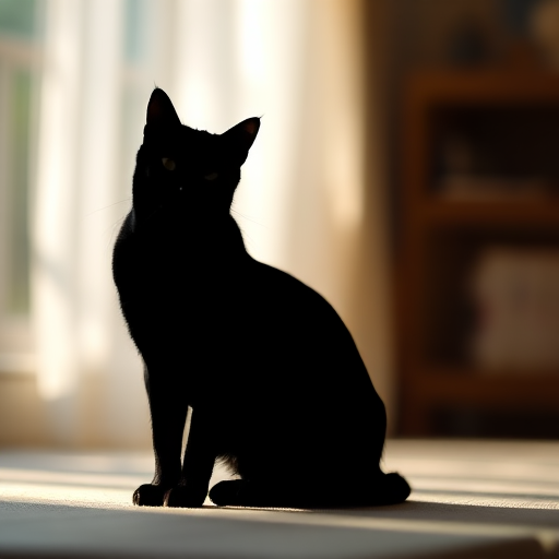 Create a high-resolution image of a stylized black silhouette of a cat sitting gracefully, captured with a Canon EOS R5, 50mm lens, f/1.8 aperture, ISO 100, in a soft-focus background with natural light for a serene atmosphere.