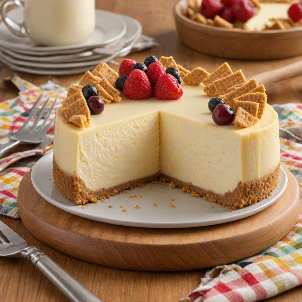 Create an image of a creamy cheesecake with a graham cracker crust. The cheesecake should have a smooth, light yellow filling and be partially sliced to show the inside. Place the cheesecake on a wooden serving board, and use a colorful checkered cloth as the background to add a warm, inviting feel.