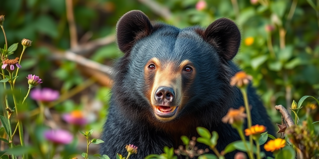 Regenerate an image of a spectacled bear in a natural habitat with lush greenery and flowers, using a Canon EOS R5 camera, 85mm lens, f/2.8 aperture, ISO 400, soft natural lighting, and a shallow depth of field for enhanced detail and clarity.
