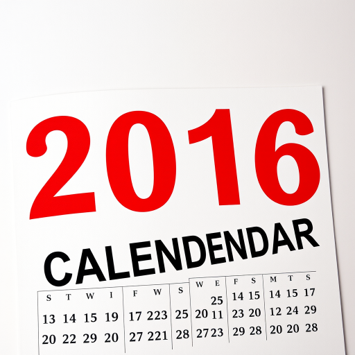 Create a high-resolution image of a 2016 calendar with large red numbers for the year and bold black text for the word "CALENDAR," featuring a clean, minimalistic design, taken with a DSLR camera at f/8 aperture, ISO 100, shutter speed 1/60 sec, in a well-lit studio environment with a top-down view.