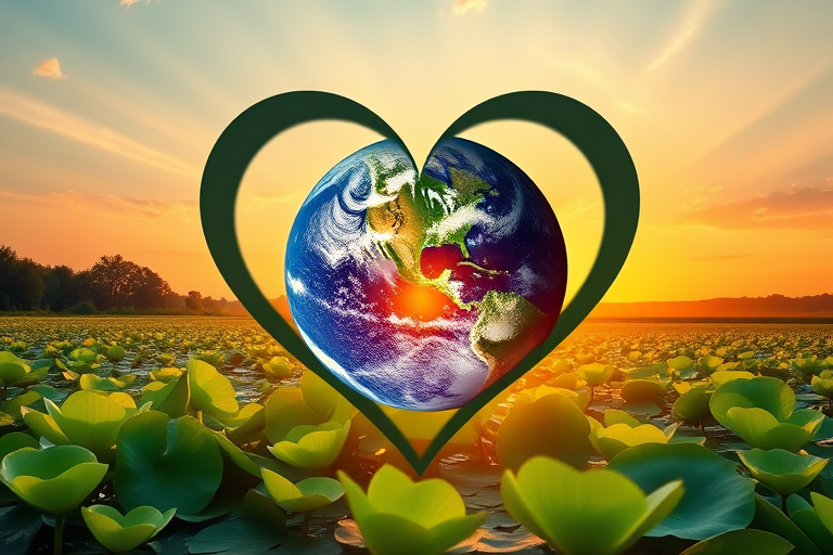 Create a serene landscape with a large heart shape framing a vibrant planet Earth, surrounded by lush green lily pads and a warm sunset sky with rays of sunlight, captured with a DSLR camera at f/8 aperture, 1/200 sec shutter speed, ISO 100, with a wide-angle lens at 24mm for a crisp, detailed view.