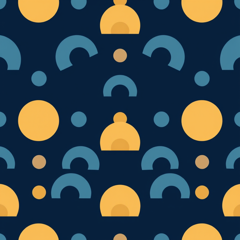 Create a seamless pattern design featuring alternating circles and semi-circles in shades of blue, light brown, and yellow on a dark navy background, using a Canon EOS R5 camera, 35mm lens, f/8 aperture, ISO 100, and a top-down view, with a high-quality vector style for sharpness and clarity.