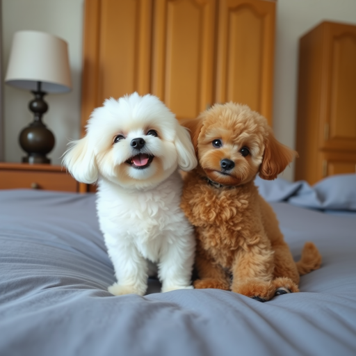 Two adorable small dogs sitting on a bed, one is fluffy white with a happy expression and the other is a cute brown poodle hugging the white dog, a lamp and wooden cabinets are in the background, bright and cozy atmosphere.