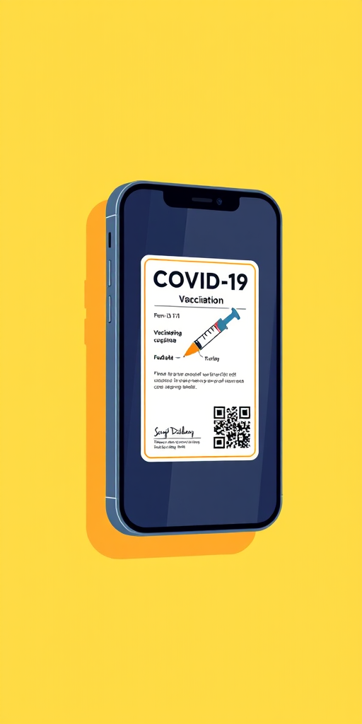 Create a digital illustration of a smartphone displaying a COVID-19 vaccination certificate with a syringe icon and a QR code, use a bright yellow background, simulate a DSLR camera shot with a focal length of 50mm, aperture set to f/1.8, and natural lighting for enhanced image quality.